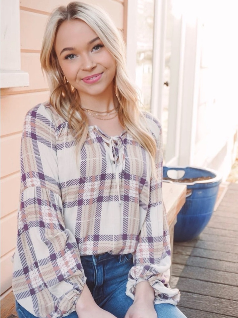 Promesa Plaid Cambridge Blouse Top
• Size Small